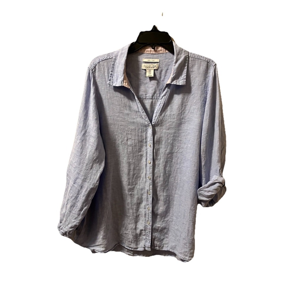 Rachel Zoe Blue Linen Shirt 1X Roll Tab Sleeve Button-Up Beachy